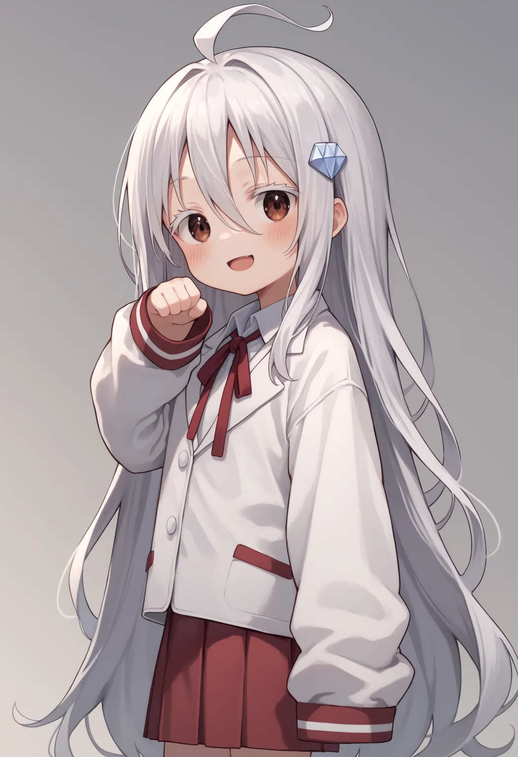 score_9, score_8_up, score_7_up, from the side
1girl, solo, HikariKongou, child, long hair, very long hair, white hair, hair ornament, white eyelashes, hair between eyes, ahoge, brown eyes,  <lora:HIKARI-17:0.6 >
school uniform, oversized clothes, jacket, white jacket, closed jacket, shirt, collared shirt, white shirt, long sleeves, red neck ribbon, red skirt, plead skirt,
paw pose, smile, open mouth, blush, sleeves past wrists, sleeves past fingers, looking at viewer,