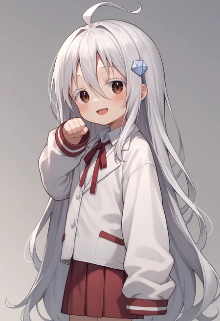 score_9, score_8_up, score_7_up, from the side
1girl, solo, HikariKongou, child, long hair, very long hair, white hair, hair ornament, white eyelashes, hair between eyes, ahoge, brown eyes,  <lora:HIKARI-17:0.6 >
school uniform, oversized clothes, jacket, white jacket, closed jacket, shirt, collared shirt, white shirt, long sleeves, red neck ribbon, red skirt, plead skirt,
paw pose, smile, open mouth, blush, sleeves past wrists, sleeves past fingers, looking at viewer,