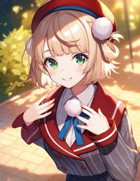 score_9,score_8_up,score_7_up,score_6_up BREAK official art,solo,outdoors,upper body,portrait,looking at viewer,facing viewer,smile,shigure ui (vtuber),beret,red headwear,light brown hair,short hair,hair rings,pom pom hair ornament,side braid,french braid,blunt bangs,green eyes,school uniform,grey jacket,vertical-striped jacket,red sailor collar,neck ribbon,pom pom (clothes),collared shirt,white shirt,long sleeves,red wrist cuffs,double-breasted,grey skirt,pleated skirt,vertical-striped skirt,red socks,loafers,<lora:Shigure Ui(vtuber)-Pony:1.4>,<lora:Smooth Anime Style LoRA XL:0.8>,