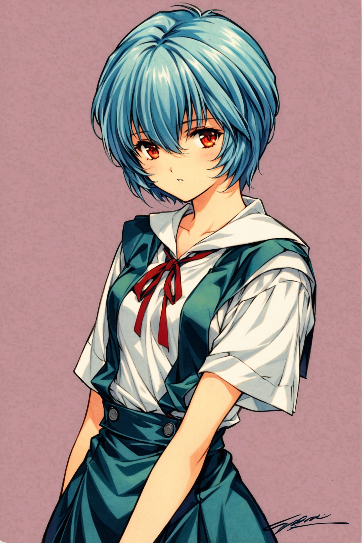 1girl,ayanami rei,solo,red eyes,short hair,school uniform,blue hair,tokyo-3 middle school uniform,signature,short sleeves,hair between eyes,suspender skirt,purple background,bangs,purple theme,shirt,cowboy shot,looking to the side,skirt,white shirt,looking at viewer,parted lips,suspenders,traditional media,<lora:MIN-NARAKEN_XL:0.8>,