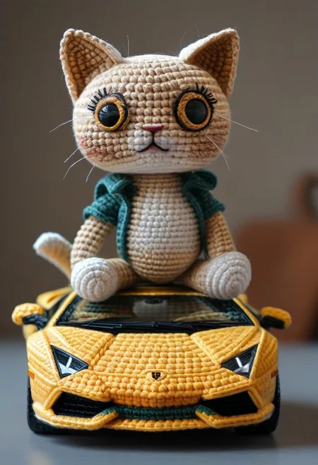 Lamborghini, cat sitting on bonnet, by saint exupery, crocheted style