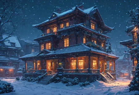 Artwork, cyberpunk, anime, detailed, a Christmas house in the snow, snowing, cheerful. intricate details, beautifully shot, perfect composition, high contrast, cinematic, atmospheric, moody,