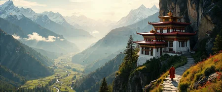 Bhutanese Himalayan foothills at dawn, mystical Buddhist monastery perched on steep cliff face, traditional red and gold architecture with sweeping pagoda roofs against snow-capped mountain backdrop. Prayer flags flutter in gentle breeze, creating rainbow trails across deep valleys filled with ancient pine forests and rhododendron blooms. Misty clouds drift between emerald terraced rice fields below, partially obscuring winding mountain streams. Lone monk in saffron robes traverses stone pathway. Golden sunlight breaks through distant peaks, casting long shadows and illuminating monastery's ornate details. Takin (national animal) grazes peacefully in meadow. Photorealistic 8K, dramatic depth perception, warm golden-hour lighting, ultra-detailed stonework, cinematic composition with monastery centered against vast mountainous panorama stretching to horizon. <lora:ck-charcoal-drawing-000014:0.7> <lora:ç»ªå¿ CG飿»¤éFLUX:0.7> <lora:flux_dev:1>