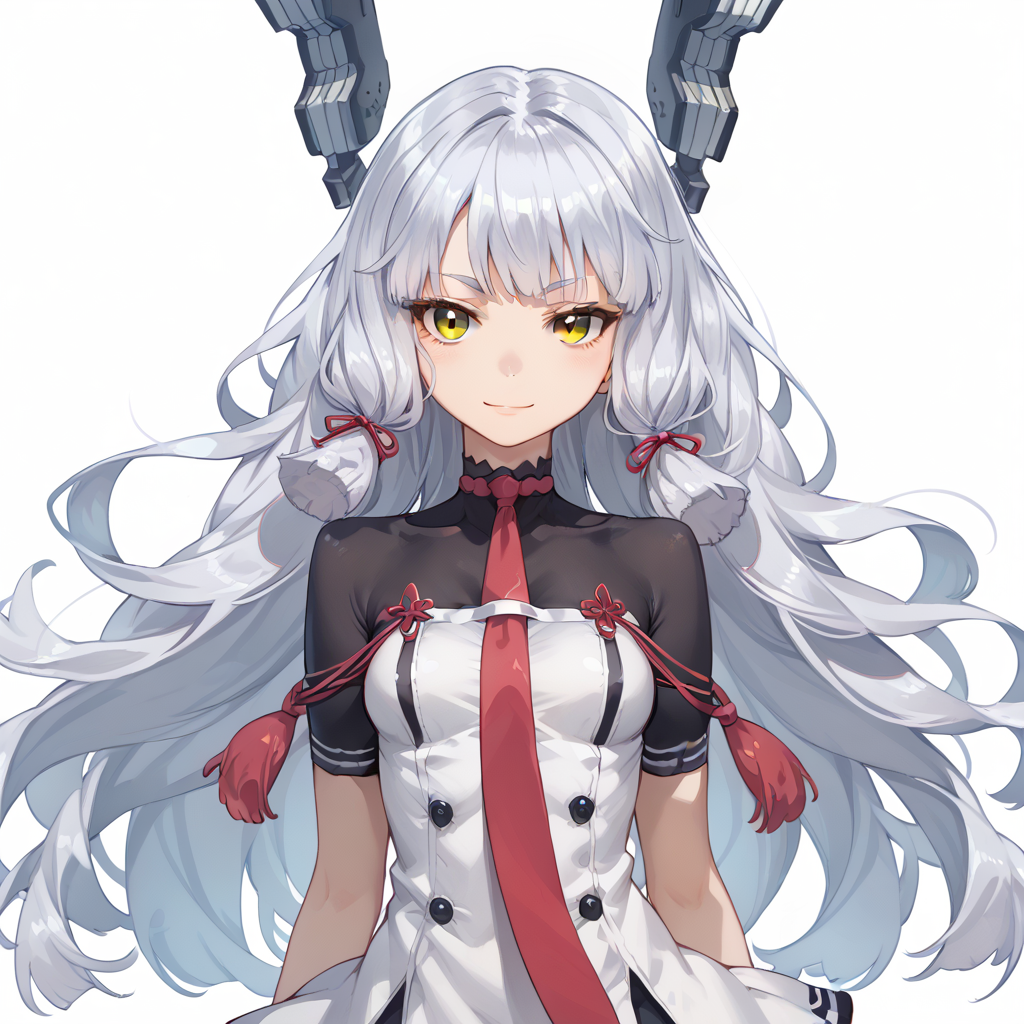 score_9, score_8_up, score_7_up, simple background, light smile, looking at viewer, 
1girl, murakumok2, silver hair, yellow eyes, sidelocks, necktie, headgear, dress,
<lora:murakumo_kai2_pony_v1:0.8>