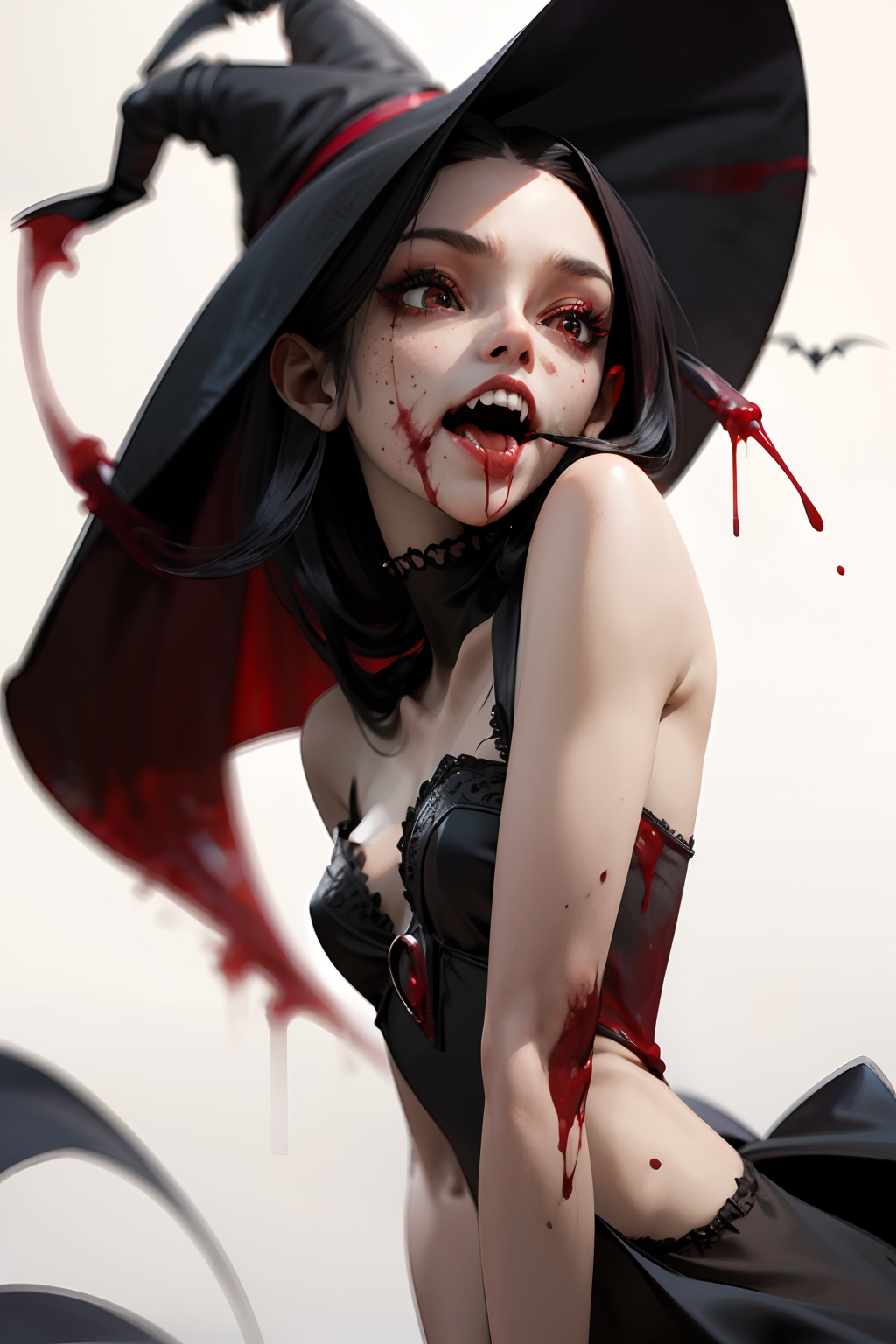 vampire. (((a lot of blood flowing out of her mouth down her face))). slim, petite, beautiful, sensual. (((teeth like dracula))). red lipstick, black dress. dark eyeshadow.  overalldetail-detail_++_-_overall_detail ,  kkw-skin-det-all_checkpoint_skin_detail_-_skin_detail_v1.0,  <lora:hipoly_3dcg_v7-epoch:0.7>