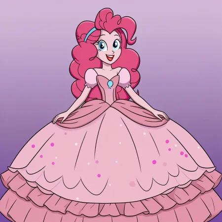 pinkie pie, solo, 1 girl, blunt bangs, Blue eyes, long hair, makeup, pink hairband, Very long large straight tulle pink princess ball gown hoop skirt, ball gown hoop skirt, pink princess dress, hoopdress, my big princess gypsy wedding dress, ballgown, a girl in a dress posing for a picture, wearing a sleeveless ballgown, looking at viewer and smiling, blowing kisses
