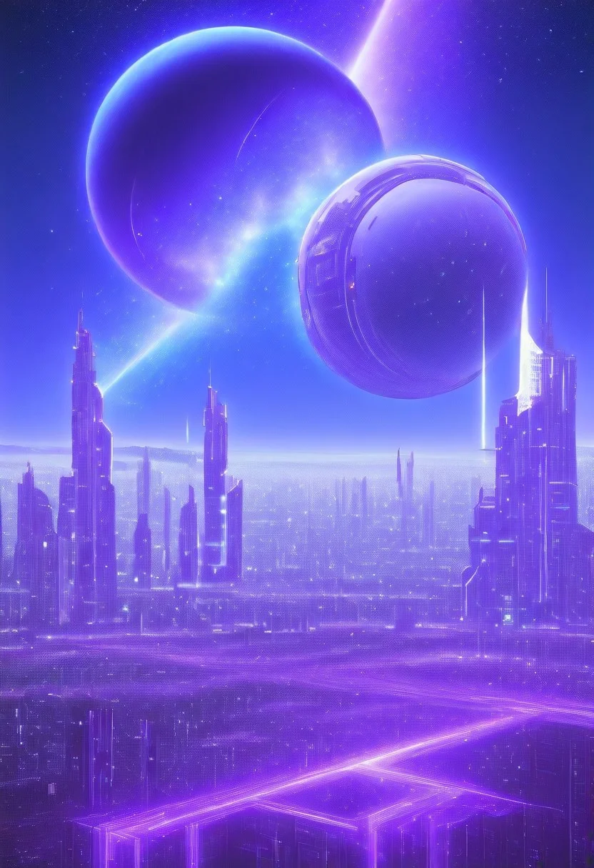 High quiality, high resolution, high definition,
Magical city with skyscrapers, a planet with purple colors and lines that emit white light surrounded by a planet ring, with the view from behind a cat looking towards the city, citybkg, anime style, high ilumination, galaxy sky, calid colours, spacial station
