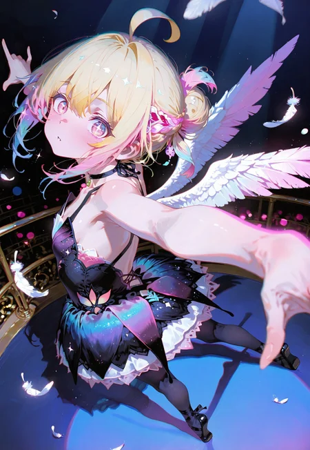 (ballet dance:1.2),((stands on one foot, the other leg extended diagonally behind with toes pointed. The torso arches backward in a dramatic curve. Both arms reach upward and outward in a wide arc, fingers extended. The head tilts back, gaze upward. The pose expresses dynamic balance and graceful extension:1.5)),((high angle,face focus:1.5)),poised expression
1 girl, short and petite,(waist length hair:0.9), (straight hair:0.8),blonde hair, (vibrant pink accents hair:1.1),fair skin,pink eyes, (sparkling eyes:1.1),ahoge,small wings ,floating feathers,
(Black Ballet dress outfit:1.3),(hair bun:1.3),
(Ballet room background:1.5),(spotlight:1.2),
Dark blue background, glimmer, sparkling effects, (anaglyph refraction:1.5),subtle (blue hue:0.8), and a strong (pink glow:1.4),(Bokeh around character:1.2),(character focus:1.2),shadow
Cunnystyle,748cmstyle,Smooth_Quality,masterpiece,best quality,amazing quality, aesthetic,(vibrant colors:1.5),(bold lines:1.3),(saturated:1.4),((4k,8k,Ultra HD)),((Masterpiece :1.2)),((Best quality :1.2)),((Detailed :1.5)),((Detailed background :1.5)),((dynamic pose, foreshortening, extreme perspective:1.5))