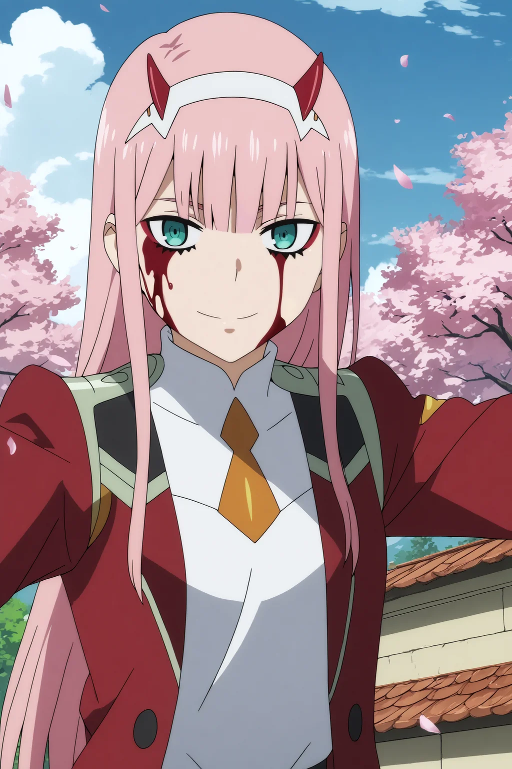 zero two,1girl,solo,long hair,horns,green eyes,smile,bangs,looking_at_viewer, orange necktie,red jacket,short necktie,white gloves,eyeshadow,makeup,reaching,blood on face,blood,yandere BREAK outdoors,blue sky,cloudy_sky,cherry_blossoms <lora:Zero_Two_-_Darling_in_the_franxx.safetensors:0.8> <lora:detailed_backgrounds_v2.safetensors:0.5>