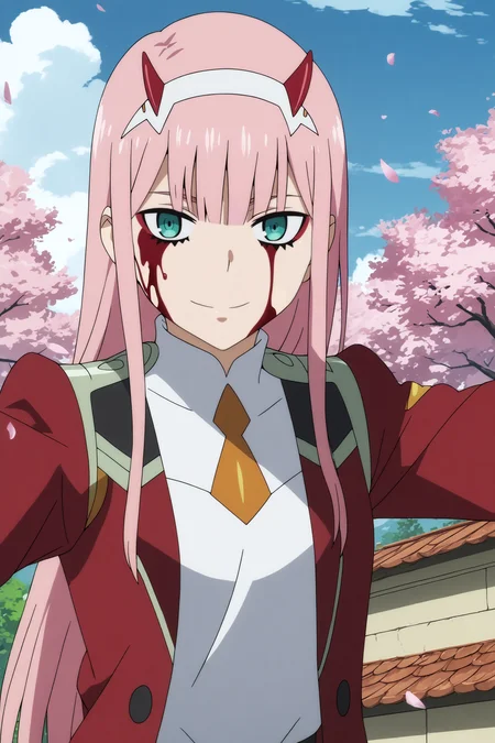  zero two,1girl,solo,long hair,horns,green eyes,smile,bangs,looking_at_viewer, orange necktie,red jacket,short necktie,white gloves,eyeshadow,makeup,reaching,blood on face,blood,yandere BREAK outdoors,blue sky,cloudy_sky,cherry_blossoms  <lora:Zero_Two_-_Darling_in_the_franxx.safetensors:0.8> <lora:detailed_backgrounds_v2.safetensors:0.5>