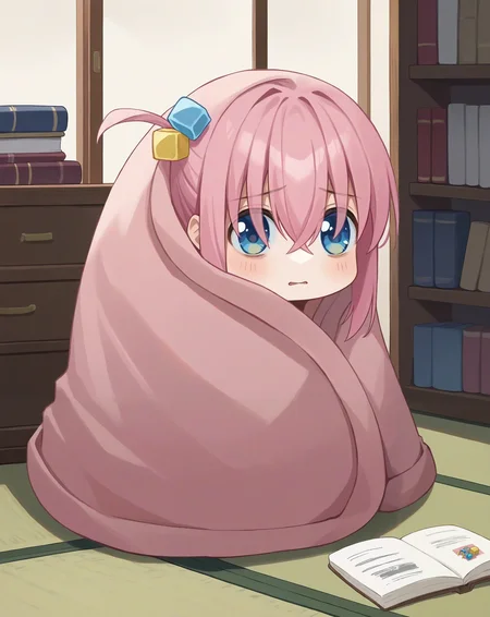 score_9, score_8_up, score_7_up, source_anime,
comfyblanket, blanket, chibi,
gotoh hitori, tatami, bookshelf,
<lora:concept_comfyblanket-pony-rls:1> <lora:chars_bocchi_the_rock-pony:1>