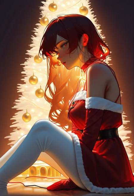 1girl, sitting, bare shoulders, red and black clothes,  white tights, christmas clothes, dark red hair, long wavy hair, looking at viewer, christmas tree, christmas decoration, side view, sitting,  christmas lights, masterpiece, highres, absurdres solo, score_9, score_8_up, score_7_up,  2d color, far camera, long shot
