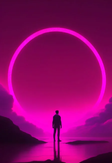 ((masterpiece, best quality)), high resolution, highly detailed, 32k picture,
scifi, minimalist, pink theme, circle, solo, 1boy, standing, male focus, sky, cloud, from behind