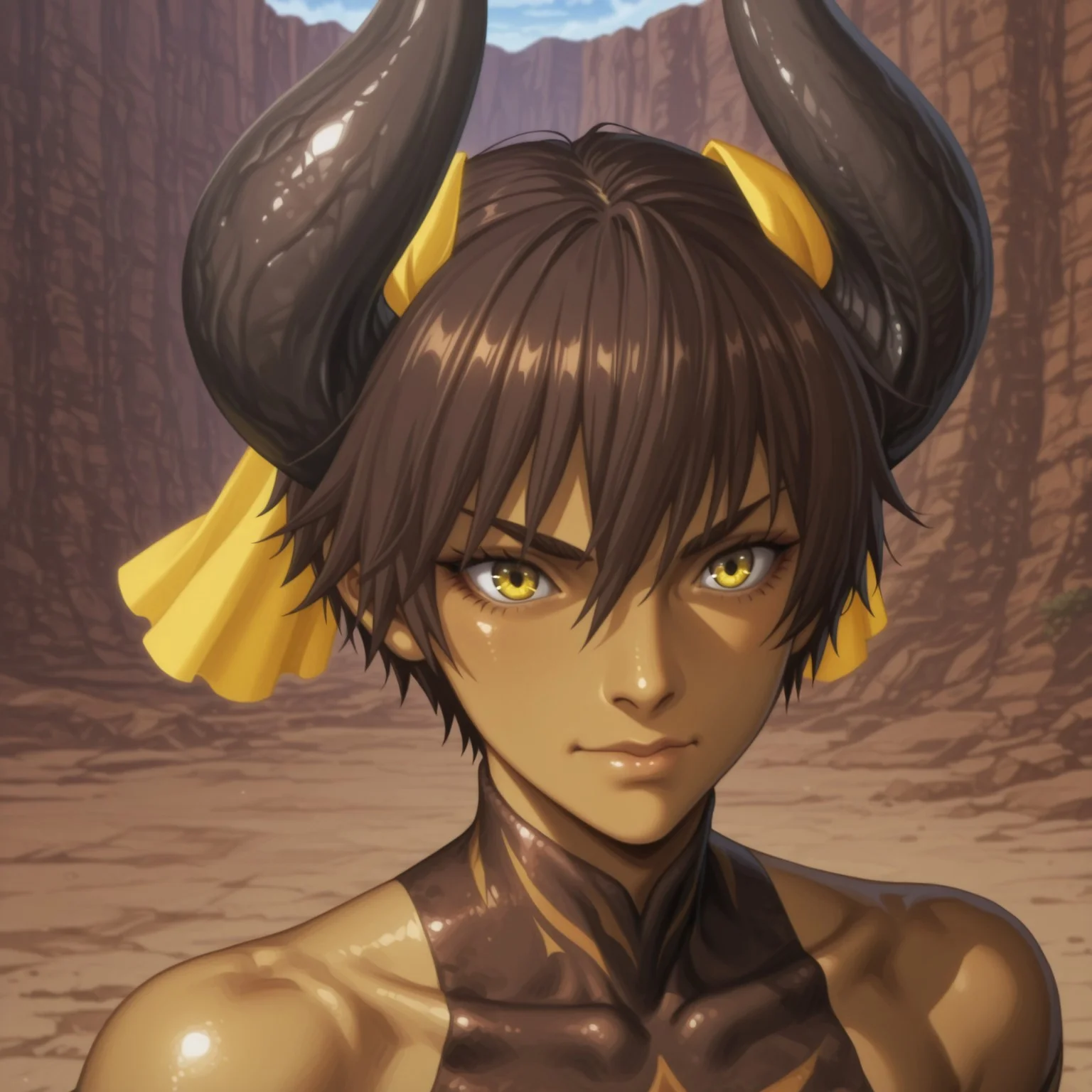 lazypos,anime screencap, 
1girl, solo, portrait, face focus
 <lora:TatanKa_Shadow_Hearts:0.8> Tatanka, monster girl, dark-skinned female, horns, yellow veil, short hair, brown hair, yellow eyes, bare shoulders,
outdoors, wilderness,