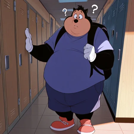 masterpiece, best quality, amazing quality, p3t3jr, male, furry male, anthro, solo, black fur, short hair, black eyes, black nose, small ears, overweight, blue shirt, white gloves, blue shorts, red shoes, black backpack, standing, opening locker, confused, looking at viewer, indoors, school hallway,