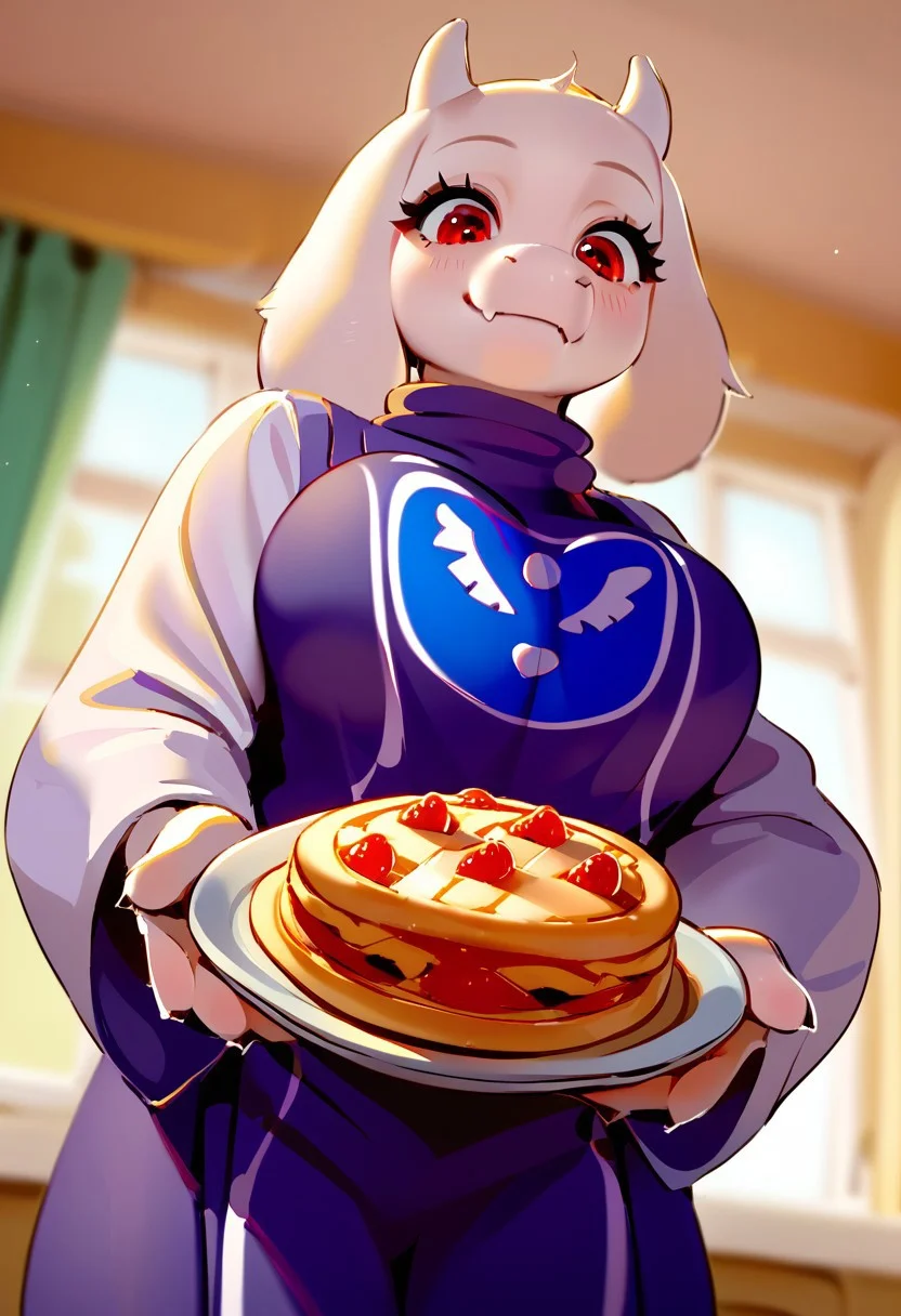 Vivid art style, outline, score_9, score_8_up, score_7_up, source_anime, hi res, masterpiece, extremely detailed, best quality, highres, Lico_PS, duo, detailed background, very beautiful, cute, toriel, backlighting:1.2, (white fur), ((fluffy face:0.8)), serene, (perfect eyes:1), red eyes, smile, from side, sepia tones, kitchen background, holding pie, (from below:1), pov: hands reaching for pie