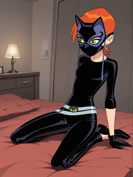 (luckygirl amulet black shirt black pants black gloves mask belt:1.50),
b10-gwen, red hair, short hair, green eyes, hairclip,
1girl, (solo:1.20), skinny,
(masterpiece, best quality, amazing quality, absurdres, high quality, highres, masterpiece),
happy,
full body
,
(:1.70),
BREAK,
bedroom,
,
(),
,
<lora:b10-gwen-V02-illXL-000003:1.00>