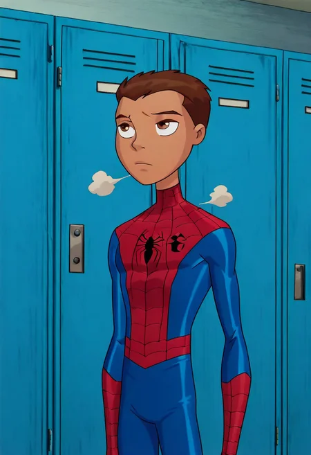 masterpiece,best quality, amazing quality, anime screencap, anime coloring, flatstyle, flat color, outlines, 1boy, fit, slim body, solo, male focus, P3t3r, 1boy, male focus, anime, brown hair, very short hair, brown eyes, Spiderboy, Bodysuit, Red Bodysuit, Blue Bodysuit, Cl4ss1c, superhero, bodysuit, spider web print, red bodysuit, blue accents, locker_room, foggy, steam,