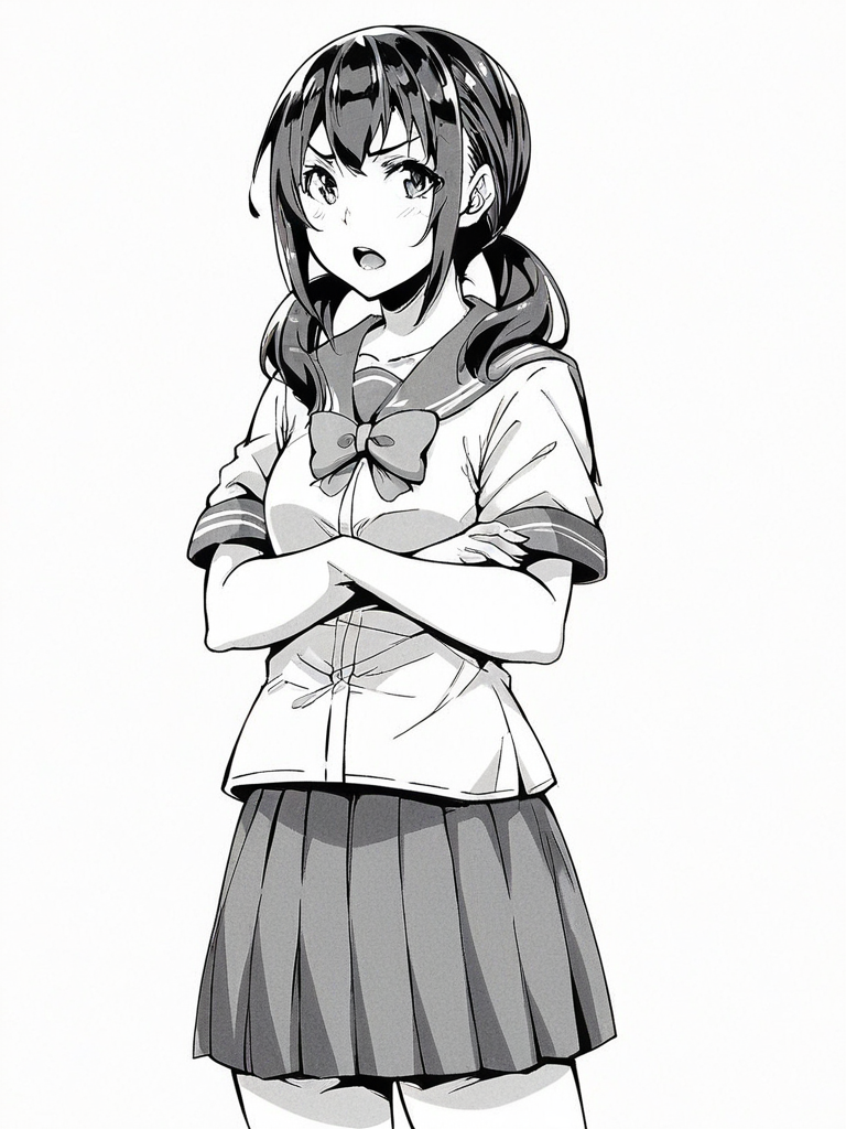 score_9, score_8_up, score_7_up,  
1girl,  monochrome, yui tt, black hair, twintails, small breasts, 

standing, frown, open mouth, crossed arms, looking at viewer, serafuku, short sleeves, bowtie, pleated skirt, school uniform, white background, solo
