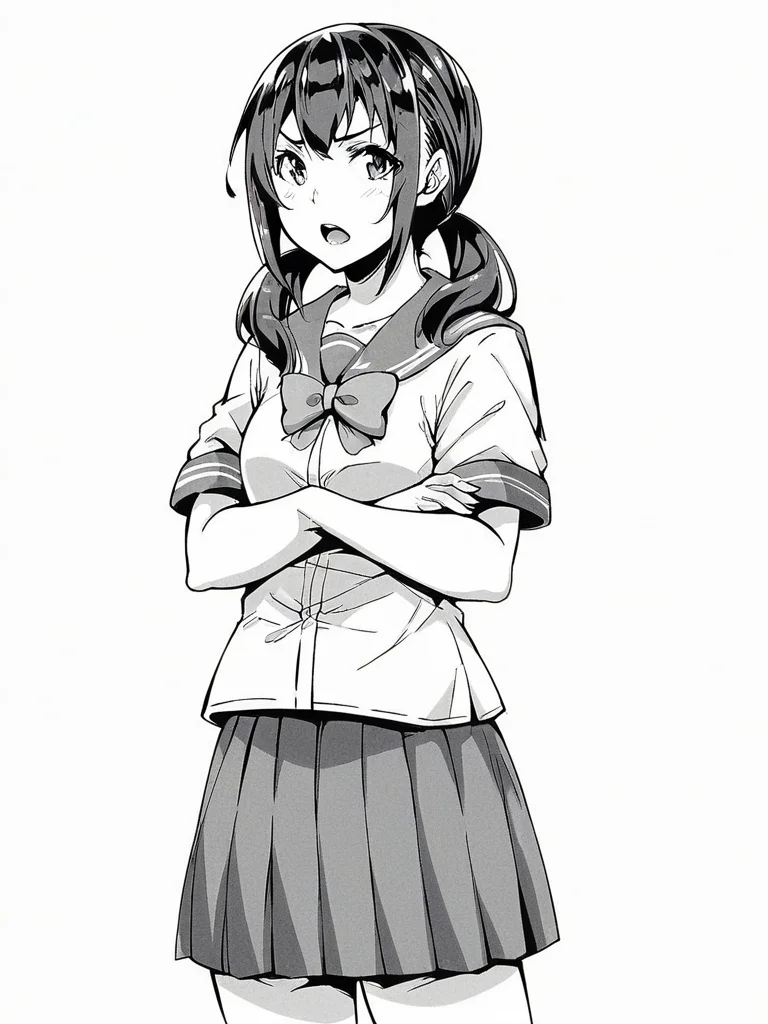 score_9, score_8_up, score_7_up,  
1girl,  monochrome, yui tt, black hair, twintails, small breasts, 

standing, frown, open mouth, crossed arms, looking at viewer, serafuku, short sleeves, bowtie, pleated skirt, school uniform, white background, solo
