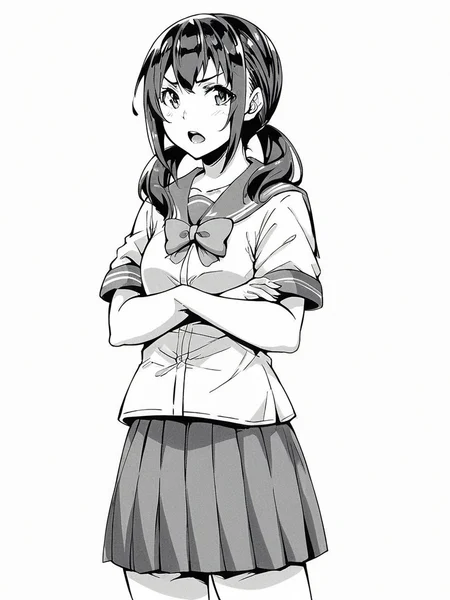 score_9, score_8_up, score_7_up,  
1girl,  monochrome, yui tt, black hair, twintails, small breasts, 

standing, frown, open mouth, crossed arms, looking at viewer, serafuku, short sleeves, bowtie, pleated skirt, school uniform, white background, solo
