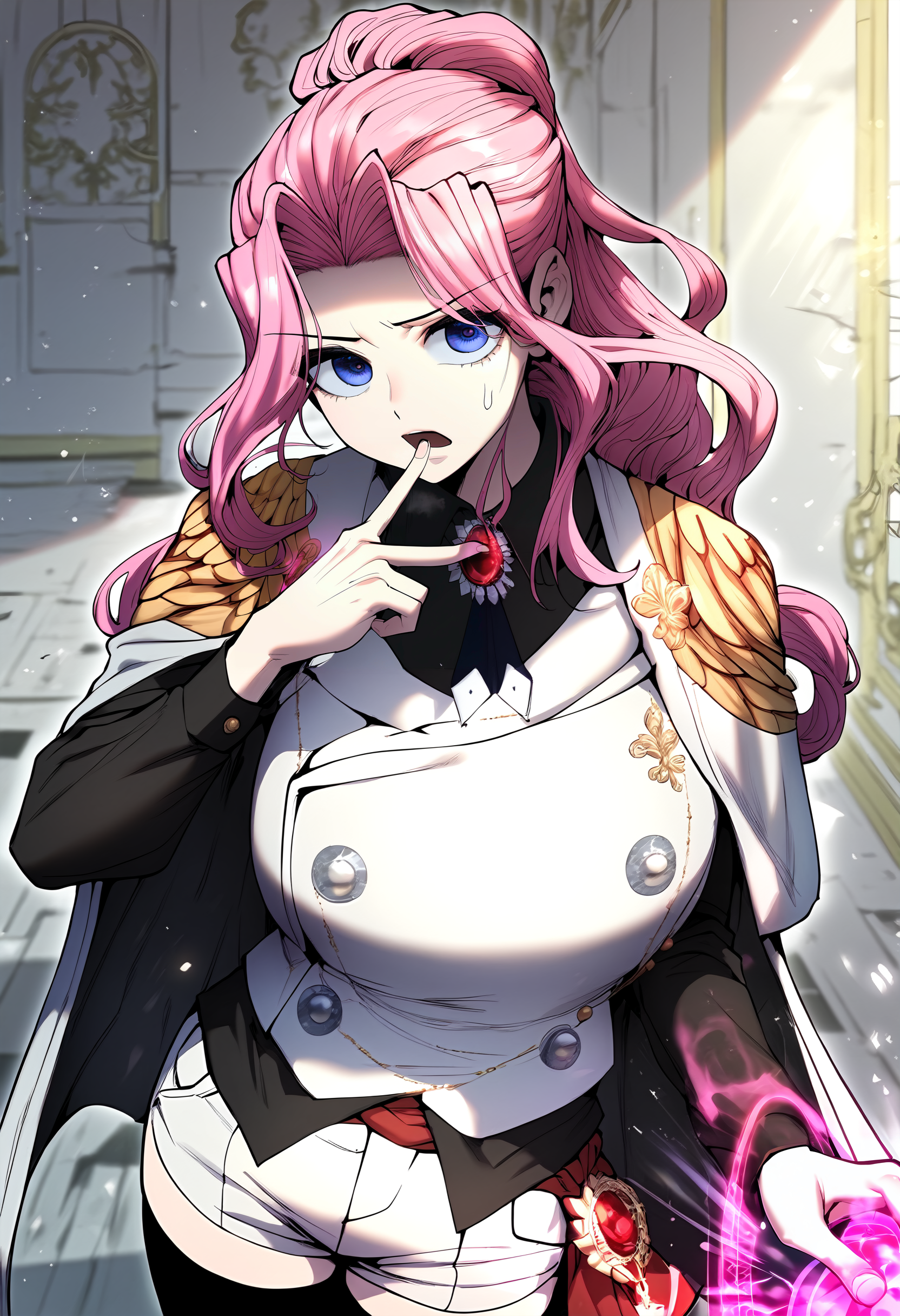score_9, score_8_up, score_7_up, score_6_up, source_anime, rating_explicit, 1girl, (solo:1.2), huge breasts, <lora:Certiponyxl:1> pink hair, long hair, purple eyes, ponytail, sidelocks, white cape, brooch, gem, epaulettes, white vest, black shirt, long sleeves, collared shirt, buttons, short shorts, white shorts, black thighhighs, serious, open mouth, Narrow shoulders, heavy breathing, steaming body, castle, indoors, looking at viewer, close-up, standing, magic circle, hand up, pink glowing finger, front view