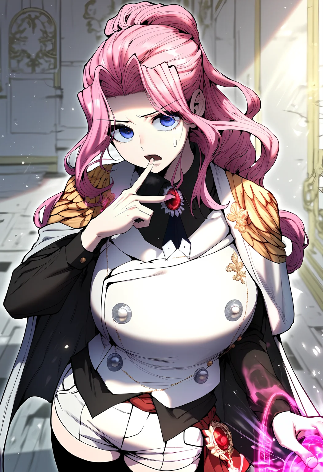 score_9, score_8_up, score_7_up, score_6_up, source_anime, rating_explicit, 1girl, (solo:1.2), huge breasts, <lora:Certiponyxl:1> pink hair, long hair, purple eyes, ponytail, sidelocks, white cape, brooch, gem, epaulettes, white vest, black shirt, long sleeves, collared shirt, buttons, short shorts, white shorts, black thighhighs, serious, open mouth, Narrow shoulders, heavy breathing, steaming body, castle, indoors, looking at viewer, close-up, standing, magic circle, hand up, pink glowing finger, front view