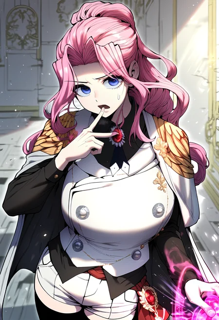 score_9, score_8_up, score_7_up, score_6_up, source_anime, rating_explicit, 1girl, (solo:1.2), huge breasts, <lora:Certiponyxl:1> pink hair, long hair, purple eyes, ponytail, sidelocks, white cape, brooch, gem, epaulettes, white vest, black shirt, long sleeves, collared shirt, buttons, short shorts, white shorts, black thighhighs, serious, open mouth, Narrow shoulders, heavy breathing, steaming body, castle, indoors, looking at viewer, close-up, standing, magic circle, hand up, pink glowing finger, front view