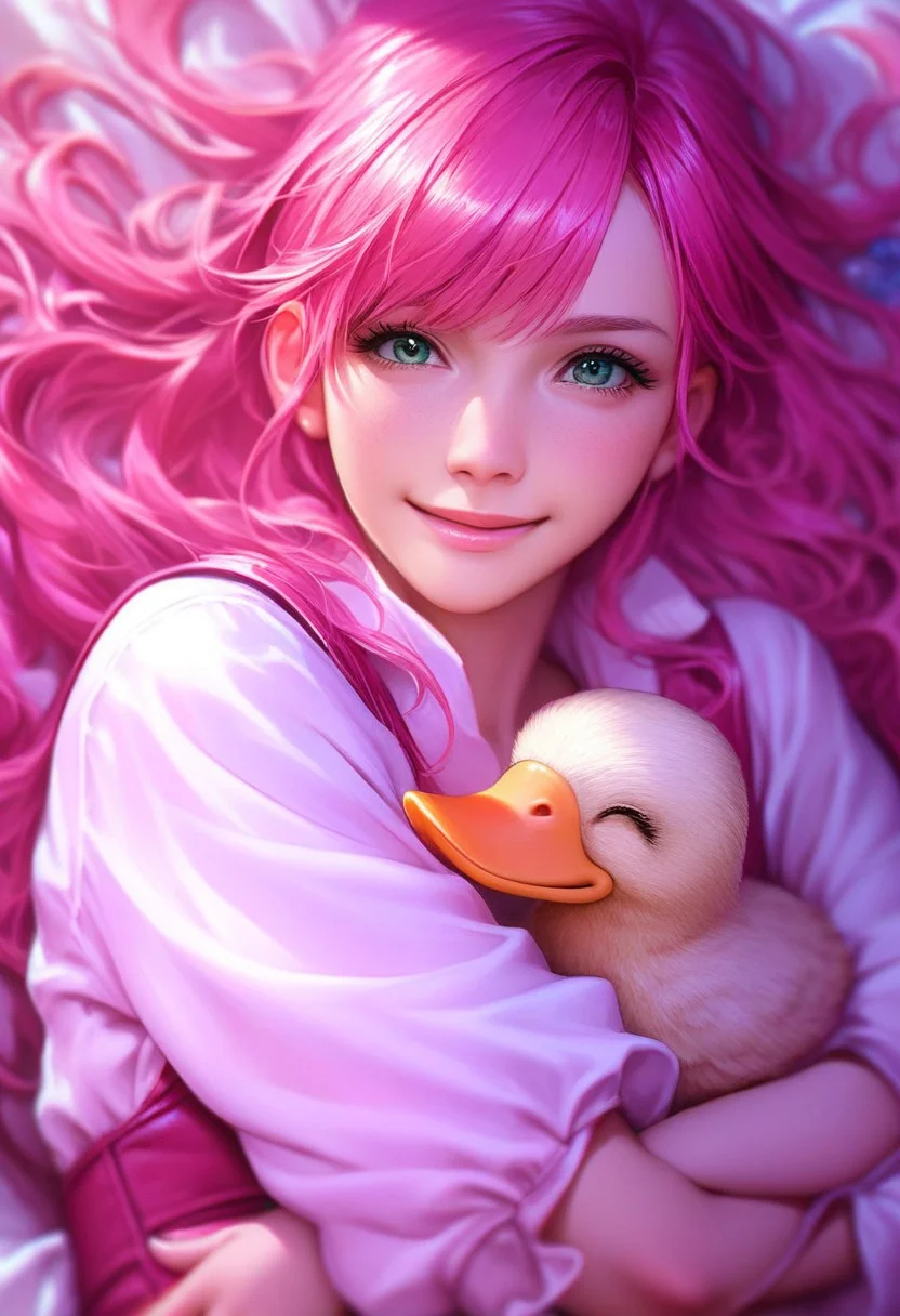 score_9, score_8_up, score_7_up, score_6_up, source_anime, from above, g00se, claire farron_\(final fantasy\), pink hair, hugging goose, hug, 1girl, solo, loving, smile,