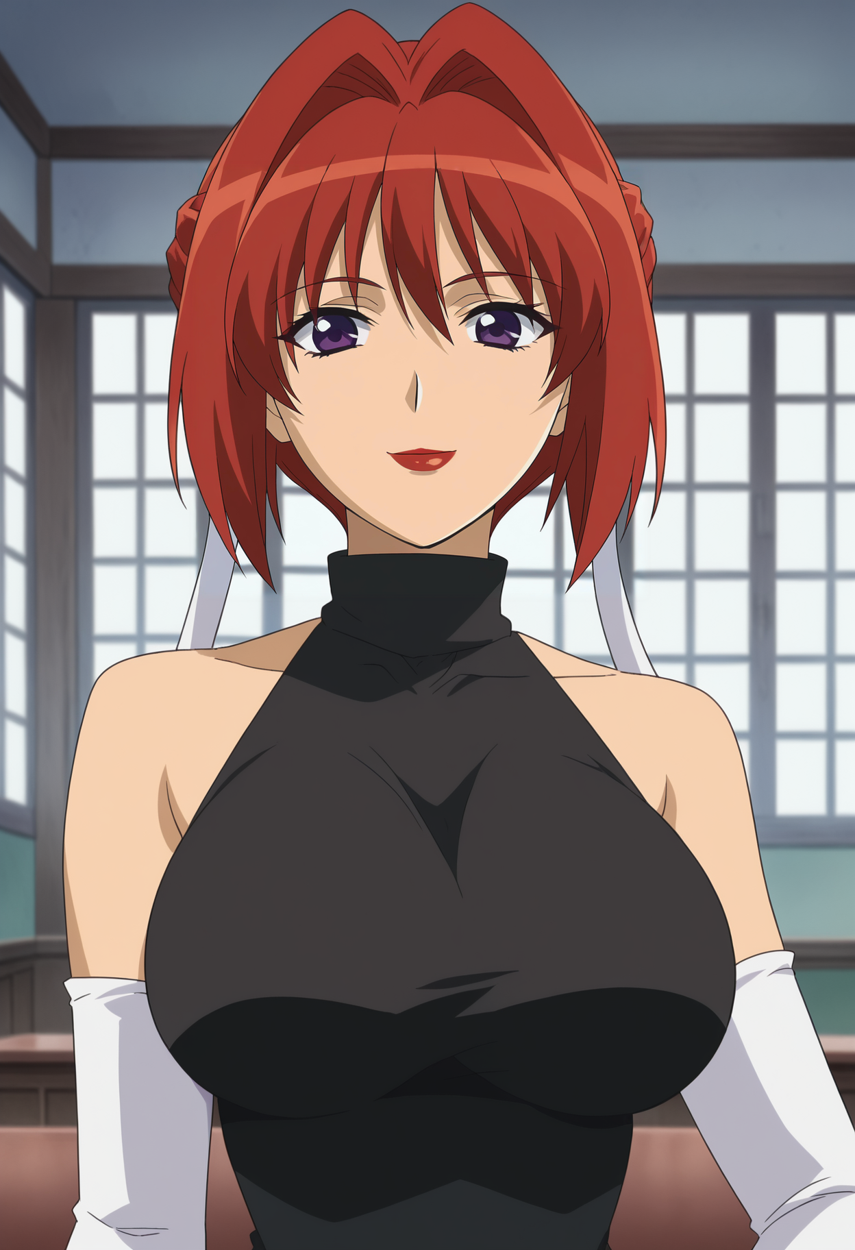 <lora:Maharu_Sena_Kanaka-Girls_Bravo:0.8>1girl,solo,Maharu Sena Kanaka,red hair,short hair,hair intakes,purple eyes,lipstick,large breasts,anime coloring,elbow gloves,white gloves,bare shoulders,turtleneck,black dress,upper body, looking at viewer, smile,indoors