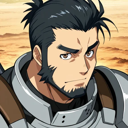 score_9, score_8_up, score_7_up, source_anime, rating_nsfw, ultra hd, absurdres, solo, masterpiece, best quality, best aesthetic, Expressiveh, wolfconf, burankoprn!, 1boy
IxiomSainglain, black hair, sideburns, beard, thick eyebrows, brown eyes, armor, portrait, headshot, looking at viewer, outdoors