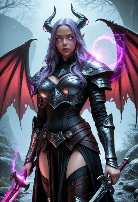 SmoothNoob_Quality, beautiful and intricate hair, detailed eyes, (Demon girl, Demonic wings, wielding magic, sword in one hand, Demonic heavy armor, purple glowing eyes, Long hair), epic dark fantasy background,