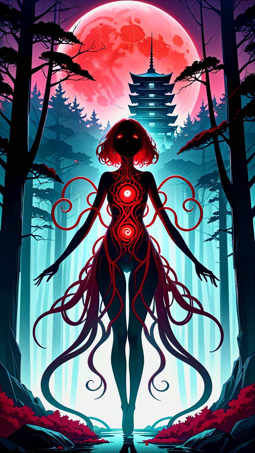 Scif vibes, Otherworldly, Cinematic, Ominous mountain, digital art, inspired by Cyril Rolando, digital art, blood red moon, forest, Japanese temple, beeple and jeremiah ketner, symmetrical digital illustration, realism | beeple, over detailed art, music album art, In a desolate, moonlit landscape, a lone figure emerges, their silhouette contorted and grotesque against the eerie glow, Closer inspection reveals a fusion of organic and mechanical elements and sinister tendrils of pulsating flesh intertwining with cold, metallic structures, The figure's skin appears as if it's unraveling, revealing glimpses of something otherworldly beneath, The air is thick with an otherworldly hum, and a sickly, iridescent light emanates from the aberrant fusion, This image prompt invites exploration into the realm of body horror, prompting creative minds to unravel the unsettling narrative within this grotesque tableau