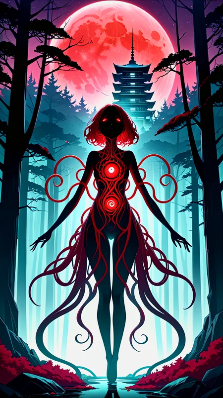Scif vibes, Otherworldly, Cinematic, Ominous mountain, digital art, inspired by Cyril Rolando, digital art, blood red moon, forest, Japanese temple, beeple and jeremiah ketner, symmetrical digital illustration, realism | beeple, over detailed art, music album art, In a desolate, moonlit landscape, a lone figure emerges, their silhouette contorted and grotesque against the eerie glow, Closer inspection reveals a fusion of organic and mechanical elements and sinister tendrils of pulsating flesh intertwining with cold, metallic structures, The figure's skin appears as if it's unraveling, revealing glimpses of something otherworldly beneath, The air is thick with an otherworldly hum, and a sickly, iridescent light emanates from the aberrant fusion, This image prompt invites exploration into the realm of body horror, prompting creative minds to unravel the unsettling narrative within this grotesque tableau