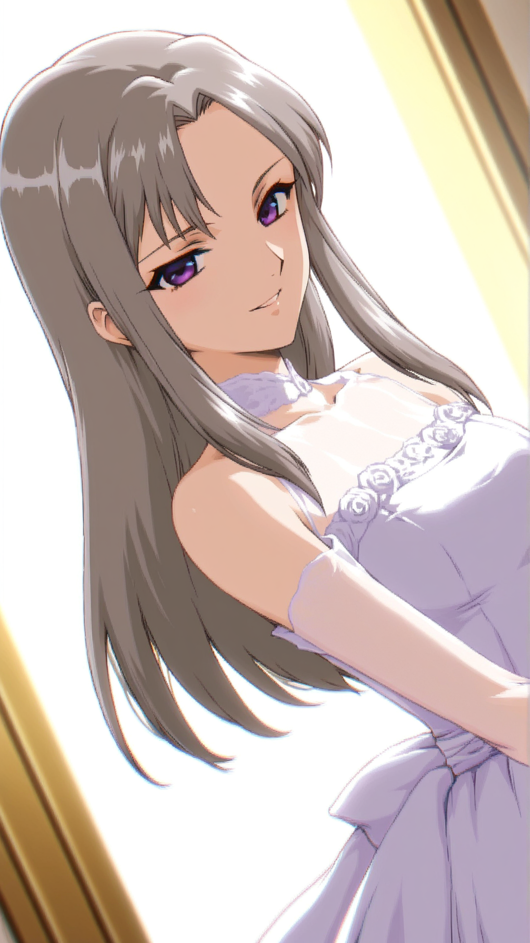 source_anime, general, best quality, masterpiece, 1girl,  <lora:Maria_Nichols_ill:1> maria_nichols\(gbattle\),long hair, grey hair,purple eyes,sidelocks, bare shoulders, wedding dress,chapel, smile, seductive (smile:0.7), dynamic pose, dutch angle, cowboy shot,