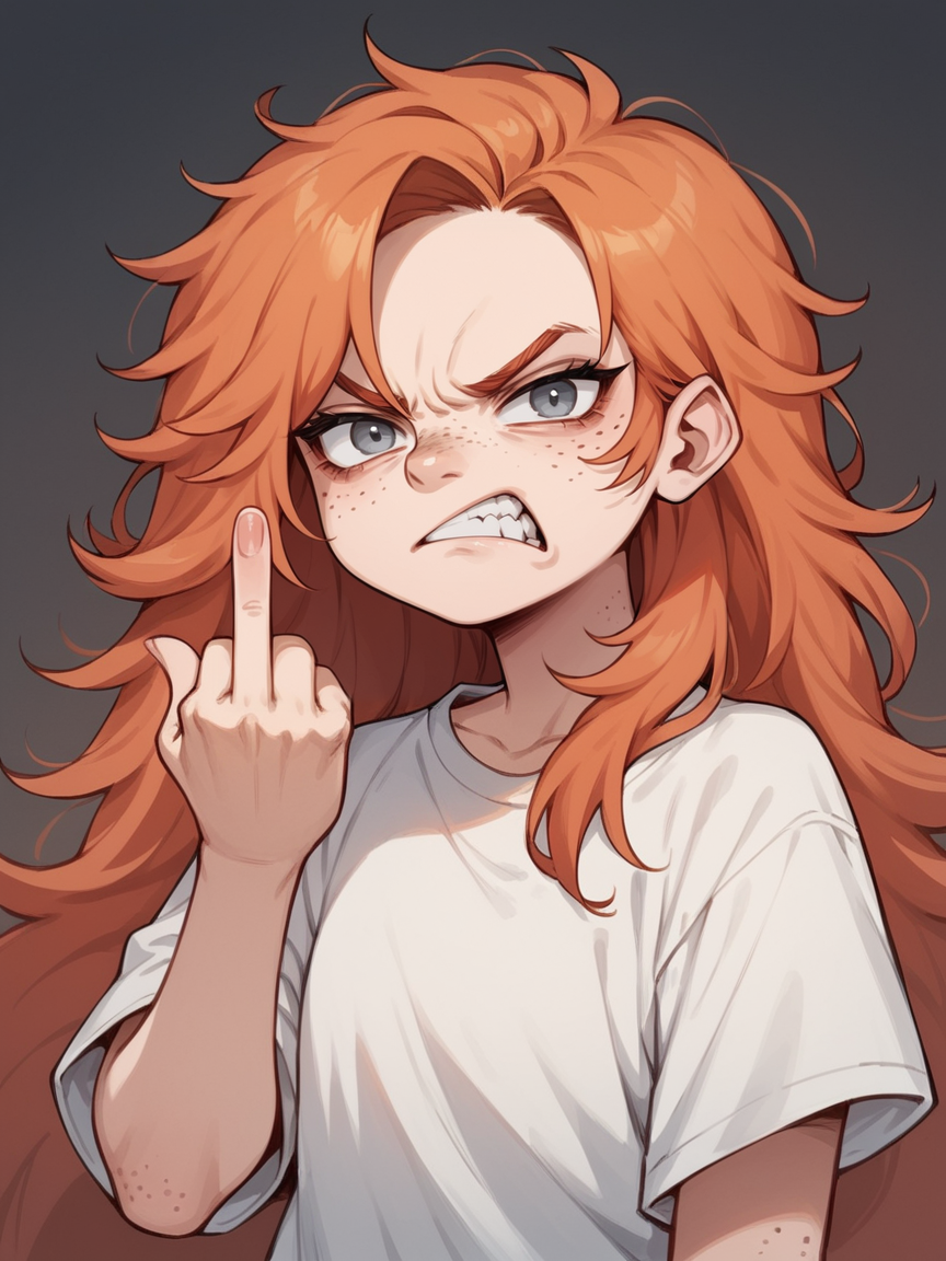 score_9, score_8_up, score_7_up, score_6_up, <lora:3m0t3XLP:1>3m0t3, ginger hair, middle finger, angry, grumpy, 1girl, freckles, grey eyes, long hair, Fr3ckles, <lora:Fr3ckledXLP:0.2>