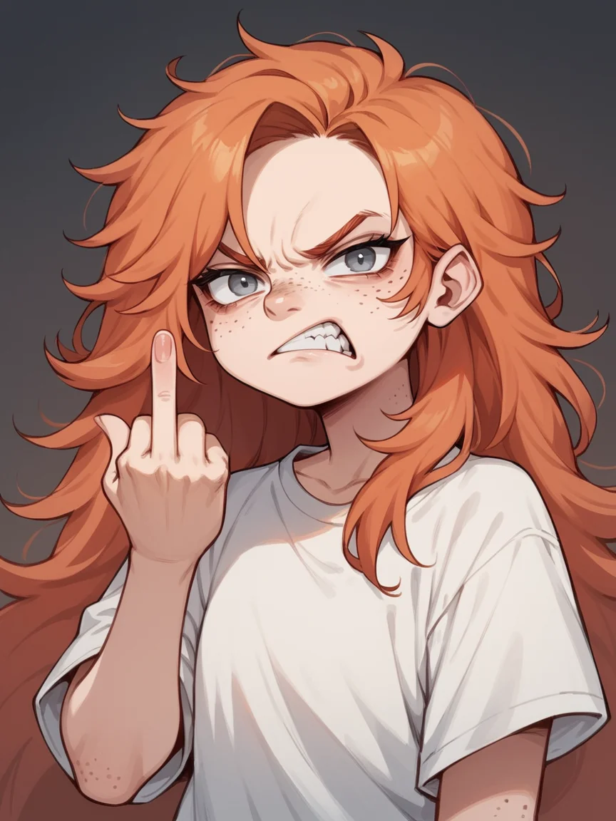 score_9, score_8_up, score_7_up, score_6_up, <lora:3m0t3XLP:1>3m0t3, ginger hair, middle finger, angry, grumpy, 1girl, freckles, grey eyes, long hair, Fr3ckles, <lora:Fr3ckledXLP:0.2>