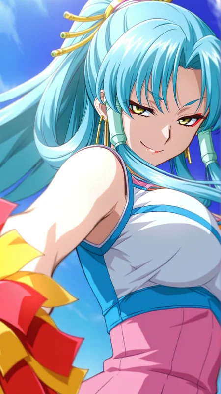 source_anime, general, best quality, masterpiece, 1girl, <lora:Glacies_ill_v1.1:1> glacies\(srw\),yellow eyes,ponytail,hair tubes, blue hair, large breasts,long hair,red eyeliner,hair rings,make up,earrings, jewelry,cheerleader, smug, (seductive smile:0.8), dynamic pose, dutch angle,