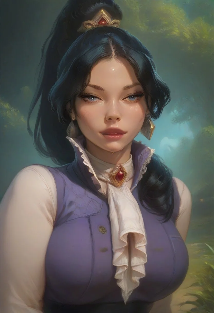 (score_9, score_8_up, score_7_up), score_6_up, best quality, masterpiece, extreme detail, perfect lighting, 4k, 2d, rating_explicit, nsfw, very detailed, best quality, highly detailed texture, depth of field, masterpiece, BREAK, 1girl, ChelXLP, chel, majestic,beautiful bright pupils, black hair, ((ponytail)),green earrings, cute face, (gorgeous face:1.3), (skin detail:1.3), (shadows:1.3), (sweat, steamy, oily, shiny:1.3), ((( black hair, large breasts,perfect body, thick thighs,
high collar, purple vest, white shirt, ascot, long sleeves, black skirt, black pantyhose,
fantasy, solo focus,epic, concept art, realistic, highly detailed, upper body, looking at viewer ))), looking at the viewer, detailed, intricate details, realistic,((( top view))), tan skin,cowboy shot,csr style,g4n1m3,Sculpted grace