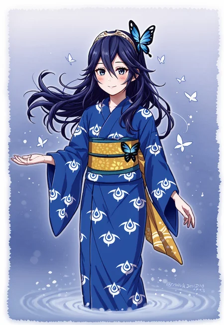1girl, arm_at_side, blue_eyes, blue_hair, blue_kimono, blue_yukata, blush, butterfly_ornament, eyelashes, female_focus, fingernails, flat_chest, floating_hair, hair_between_eyes, hair_ornament, japanese_clothes, kimono, smile, long_hair, long_sleeves, looking_at_viewer, obi, parted_bangs, print_kimono, print_yukata, sash, sidelocks, standing, symbol_in_eye, tiara, traditional_clothes, transparent_background, wide_sleeves, yellow_obi, yellow_sash, yukata, full body