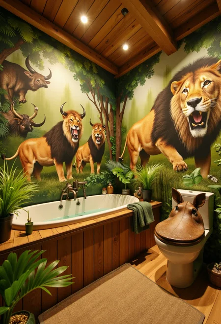<lora:Custom_Bathroom_Crafter_FLUX-000013:0.8>
This is a photograph of a rural, jungle themed bathroom, with jungle details, lion shaped bathtub, and warthog toilet.