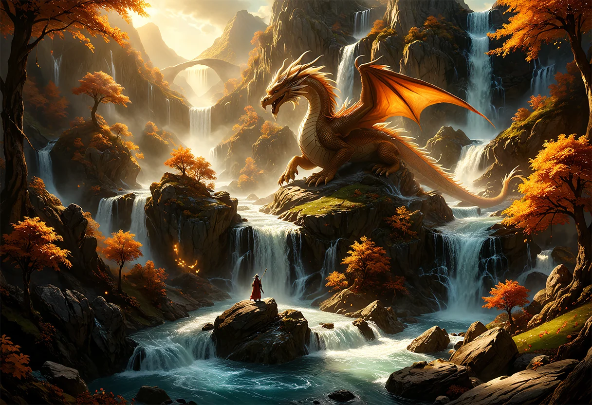 cinematic still The Discworld, midday, ral-fntsyrlms, (amber dragon:1.1), waterfall, volumetric light, mystical glow . emotional, harmonious, vignette, 4k epic detailed, shot on kodak, 35mm photo, sharp focus, high budget, cinemascope, moody, epic, gorgeous, film grain, grainy, HDR photo of The Discworld, midday, ral-fntsyrlms, (amber dragon:1.1), waterfall, volumetric light, mystical glow . High dynamic range, vivid, rich details, clear shadows and highlights, realistic, intense, enhanced contrast, highly detailed, ethereal fantasy concept art of The Discworld, midday, ral-fntsyrlms, (amber dragon:1.1), waterfall, volumetric light, mystical glow . magnificent, celestial, ethereal, painterly, epic, majestic, magical, fantasy art, cover art, dreamy, The Discworld, midday, ral-fntsyrlms, (amber dragon:1.1), waterfall, volumetric light, mystical glow, intricate, elegant, highly detailed, magical, sharp focus, dramatic, dynamic, cinematic, fine detail, beautiful, stunning, epic, professional, artistic, true magic, shiny, rich deep colors, inspiring
