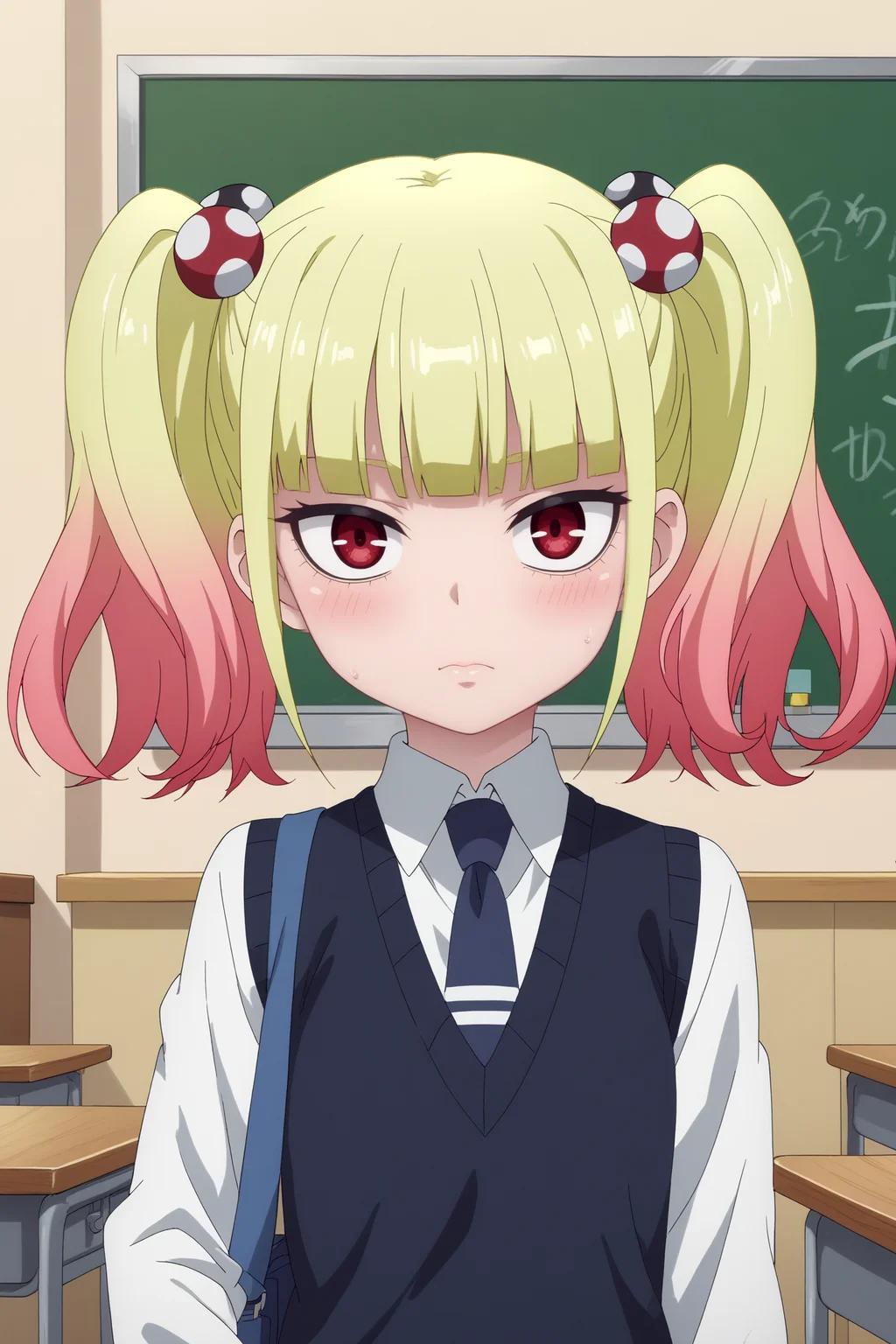 yuria niguredo,1girl,solo,multicolored hair,gradient_hair, pink hair,looking_at_viewer, blunt_bangs, bangs,twintails,hair ornament,school uniform,necktie,shirt,blue necktie,hair bobbles,hand_on_own_chest BREAK indoors,classroom,chalkboard <lora:Yuria_Niguredo_-_Mieruko_Chan.safetensors:0.8> <lora:detailed_backgrounds_v2.safetensors:0.5>