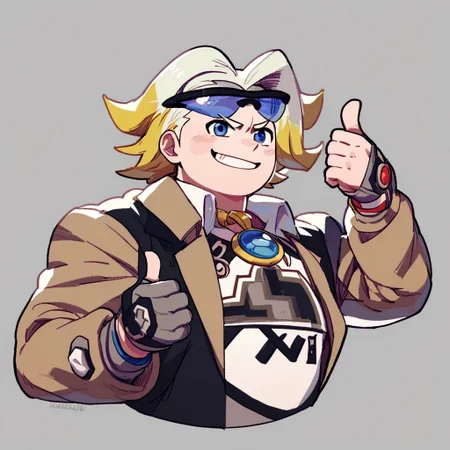 score_7_up, score_8_up, score_9, male focus, upper body, 
BREAK,
Gordie, pointed sunglasses on head, smug, multicolored hair, default outfit, (thumbs up), simple background,