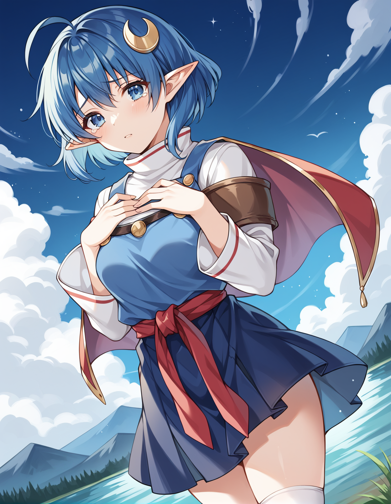 score_9, score_8_up, score_7_up, source_anime, rating_safe, BREAK score_9, rating_explicit, BREAK <lora:renaLanfordXL_LoRA-C3Lier_AdamW_Dim16_Alpha16_UN-3e-4_TE-1.5e-4_10batch_ponyDiffusionV6XL_v6StartWithThisOne:1>, rena lanford, 1girl, ahoge, blue hair, short hair, blue eyes, pointy ears, small breasts, crescent hair ornament, leather armor, red cape, blue vest, red ribbon, waist ribbon, blue skirt, miniskirt, hands on own chest, looking at viewer, tearing up, sad, standing, dutch angle, fog, lake, mountainous horizon, cloud, night, night sky
