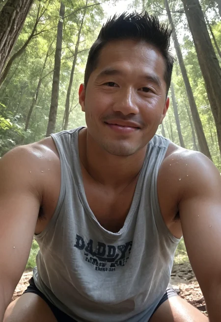 photorealistic, realistic, highly detailed, intricate details, masterpiece, correct anatomy, detailed background, depth of field, detailed face, (1man, male focus, black short hair, sweaty:1.2), (shiny oily skin, steaming body), muscular, large pectorals, puffy nipples, (htkangface:1.3, daddy, natural face, smirk, East Asian face), hairy armpits, (steamy, leaning forward, low angle, close up portrait, all in fours, hairy armpits ), (loose tanktop, in forest, dirt floor, woods, upper body)