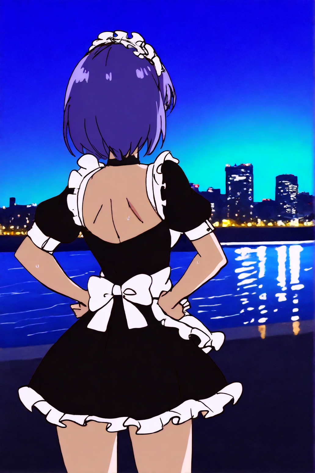 newest, masterpiece, best quality, simple background, blurry background, very aesthetic, mixed media, photo background, very awa, perfect composition BREAK outdoors, bridge, river, city lights, night, cityscape, BREAK  solo, zenless zone zero, kaede, maid costume, full_body, standing, hands on hips, tsundere,   <lora:JN_Kaede_Illus:0.8>