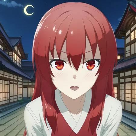 score_9, score_8_up, score_7_up, source_anime, rating_safe, , (3d:0.4), 1girl, solo, tsukasa_yuzaki, red hair, red eyes, long hair, hair between eyes, bangs, close-up, town, japanese architecture, night, crescent moon, one leg up, speaking, talking,