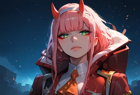 masterpiece, best quality, highly detailed, score_9, score_8_up, score_7_up, score_6_up, 1girl, zero two, (green eyes:1.5), hairband, horns, long hair, pink hair, red horns, white hairband, glowing eyes, red jacket, closed jacket, military uniform, oni horns, orange ascot, looking at viewer, falling from sky, epic background, dark background, evil background
