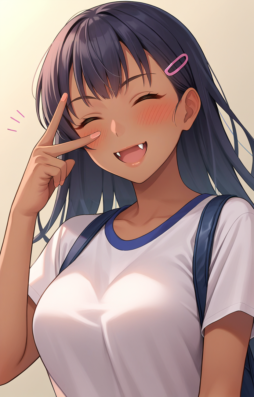 <lora:v_w_backhand_XL_v1_wasabiya:1>,score_7_up,anime,cowboy shot,large breasts,v over eye,backhand,1girl,solo,long hair,fang,fangs,^_^,blush,closed eyes,smile,dark-skinned female,shirt,hairclip,bag,upper body,